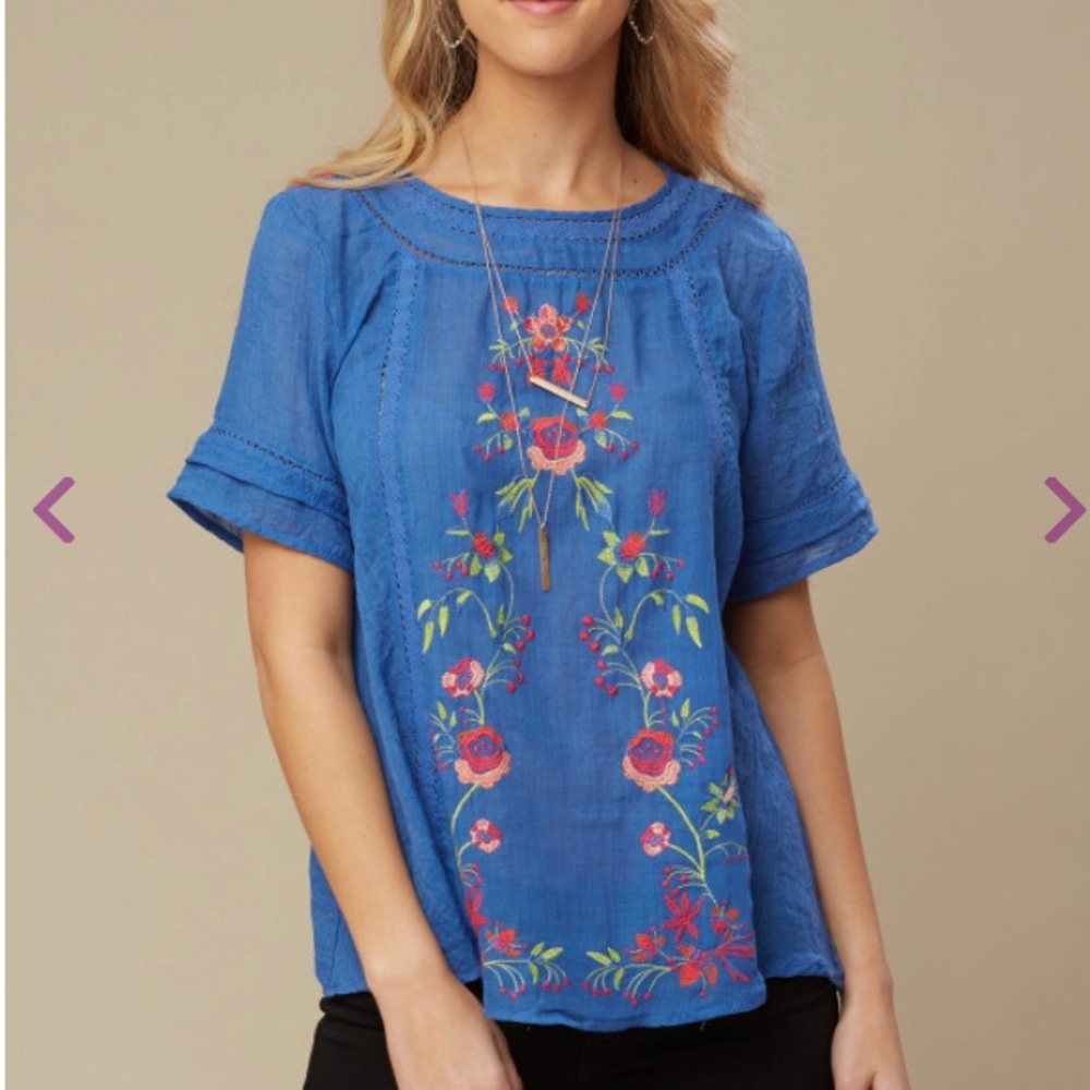 Flowy Chambray Top with Embroidered Flowers